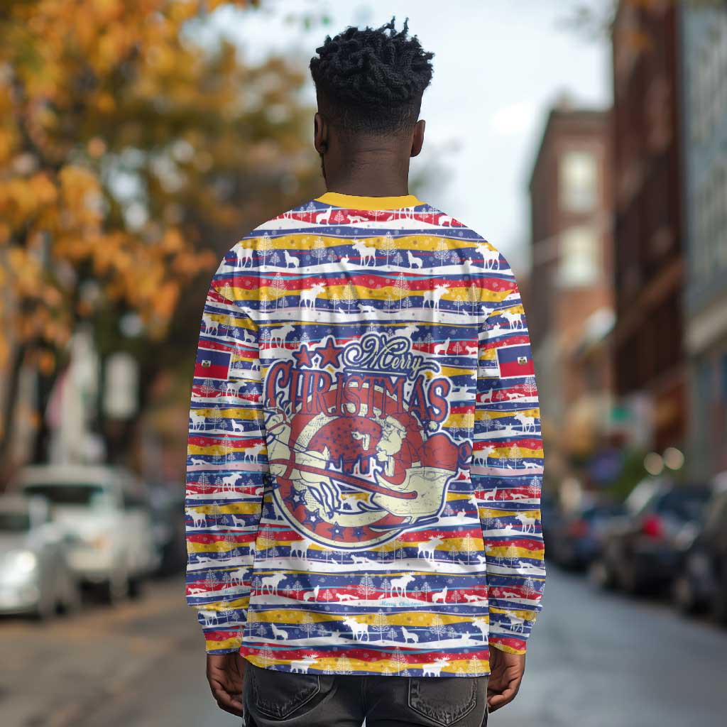 Haiti Christmas Long Sleeve Shirt Blue Red Yellow Xmas Santa Sleigh and Coat of Arms - African Pride