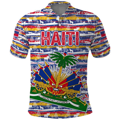 Haiti Christmas Polo Shirt Blue Red Yellow Xmas Santa Sleigh and Coat of Arms - African Pride