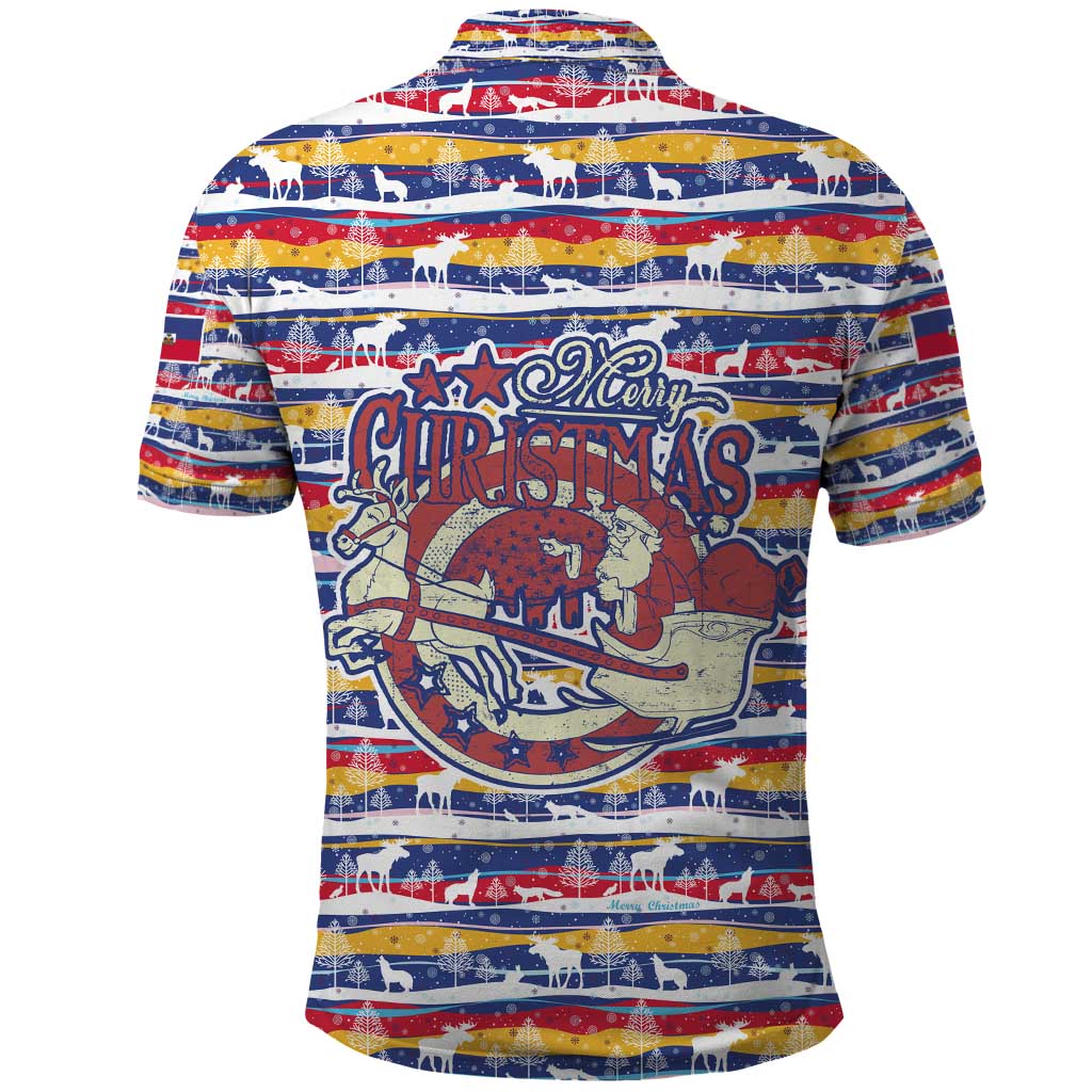 Haiti Christmas Polo Shirt Blue Red Yellow Xmas Santa Sleigh and Coat of Arms - African Pride
