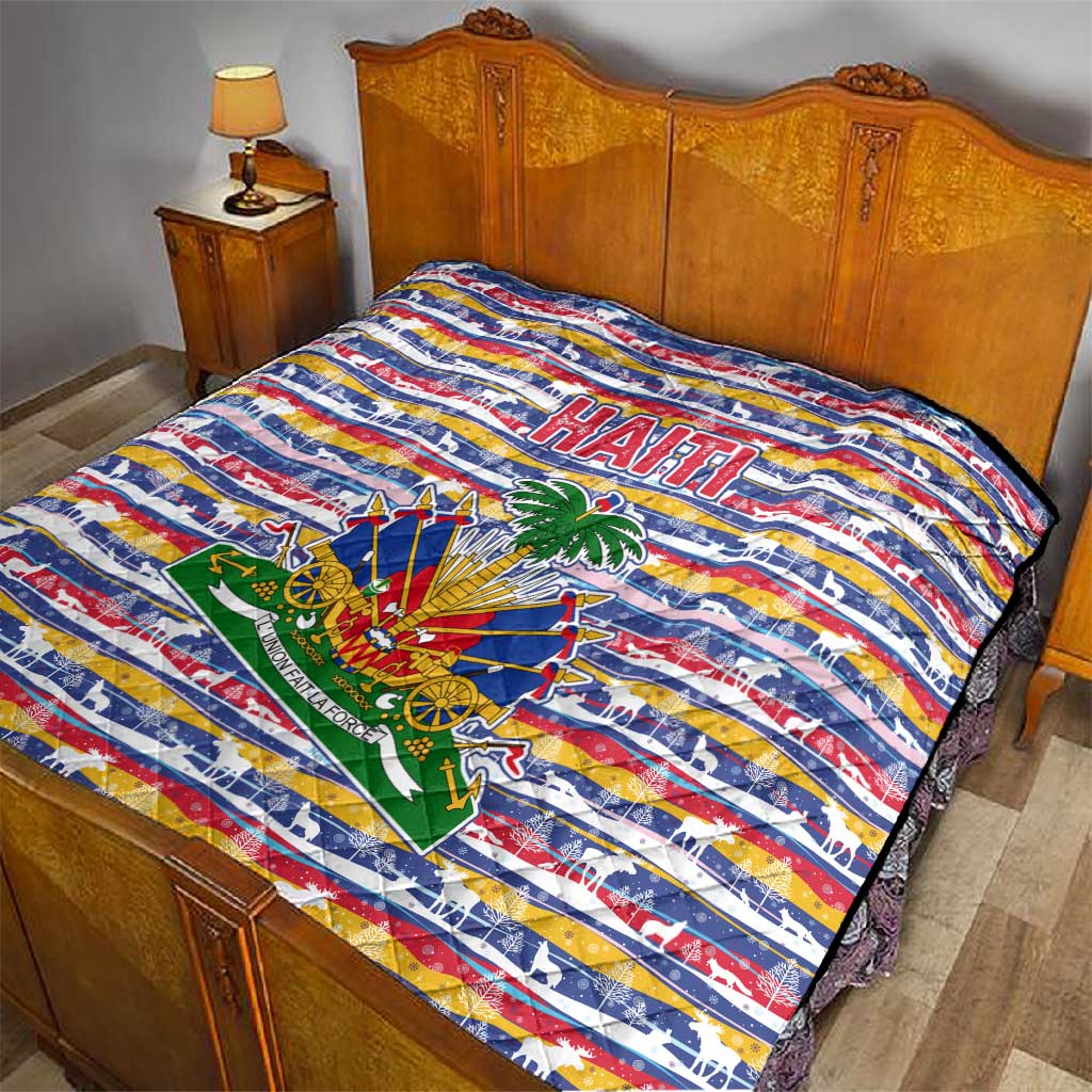 Haiti Christmas Quilt Blue Red Yellow Xmas Santa Sleigh and Coat of Arms - African Pride