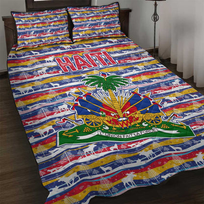 Haiti Christmas Quilt Bed Set Blue Red Yellow Xmas Santa Sleigh and Coat of Arms - African Pride