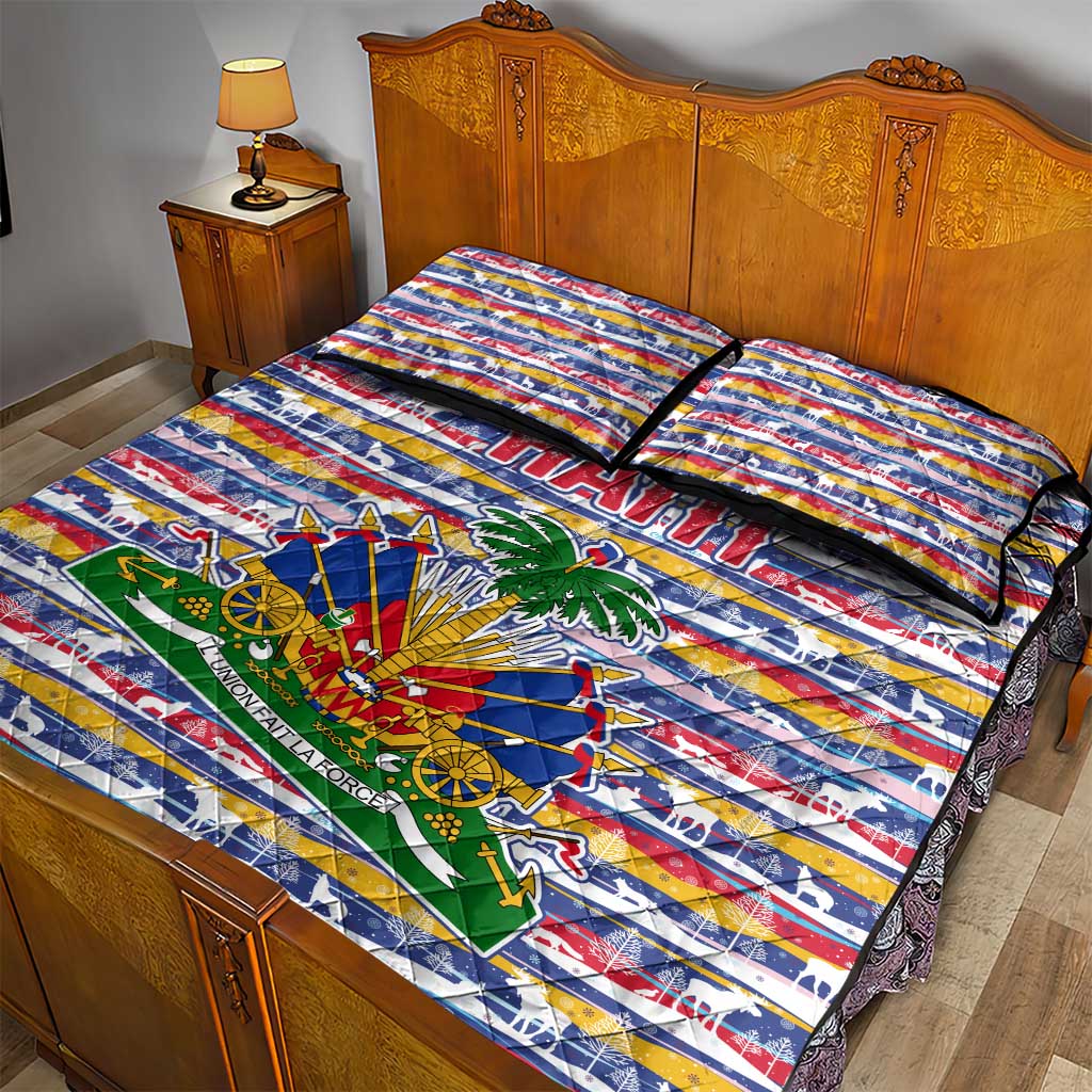 Haiti Christmas Quilt Bed Set Blue Red Yellow Xmas Santa Sleigh and Coat of Arms - African Pride