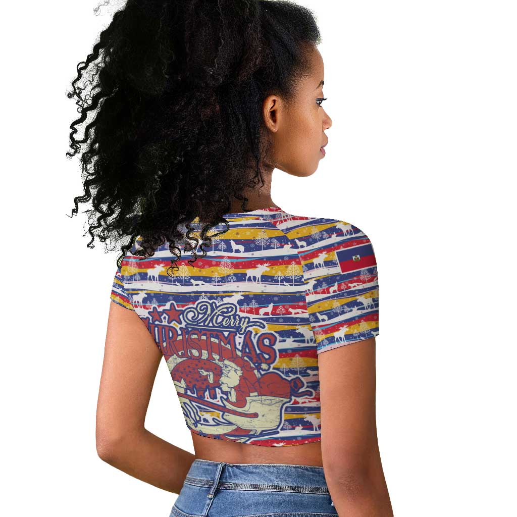 Haiti Christmas Raglan Cropped T shirt Blue Red Yellow Xmas Santa Sleigh and Coat of Arms - African Pride