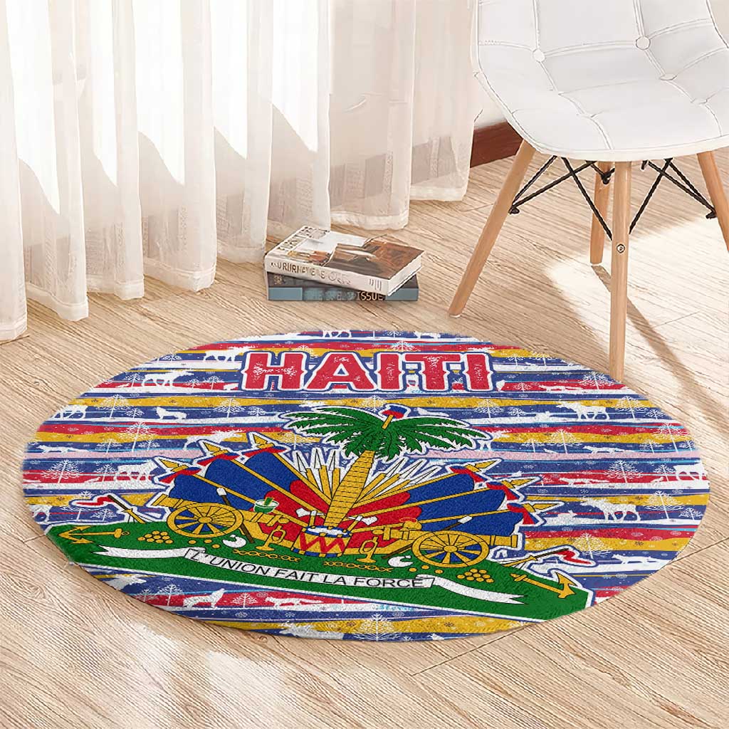 Haiti Christmas Round Carpet Blue Red Yellow Xmas Santa Sleigh and Coat of Arms - African Pride