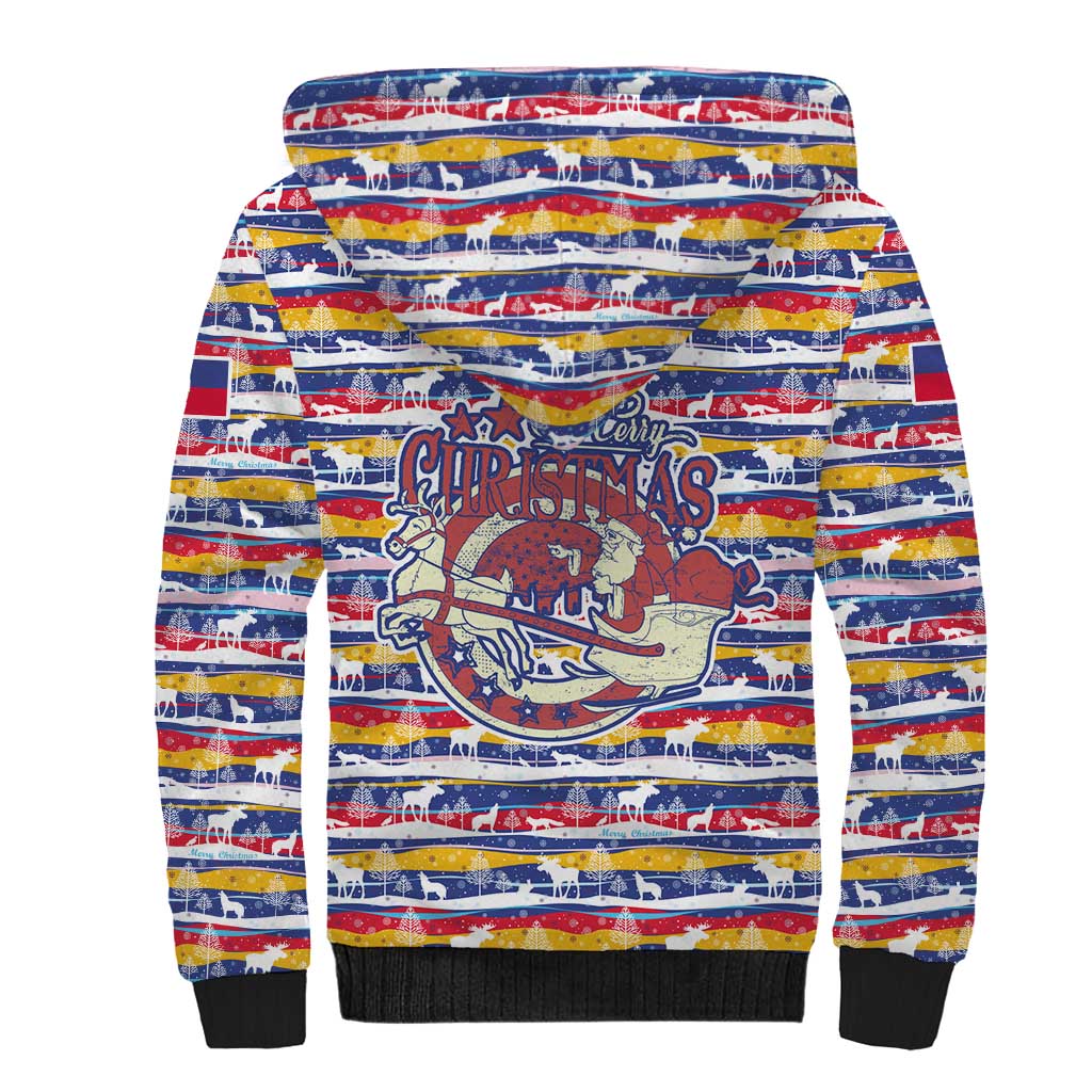 Haiti Christmas Sherpa Hoodie Blue Red Yellow Xmas Santa Sleigh and Coat of Arms - African Pride