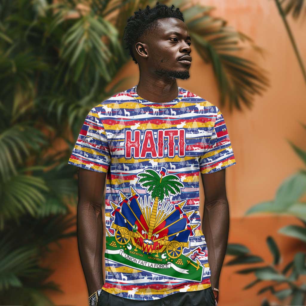 Haiti Christmas T shirt Blue Red Yellow Xmas Santa Sleigh and Coat of Arms - African Pride