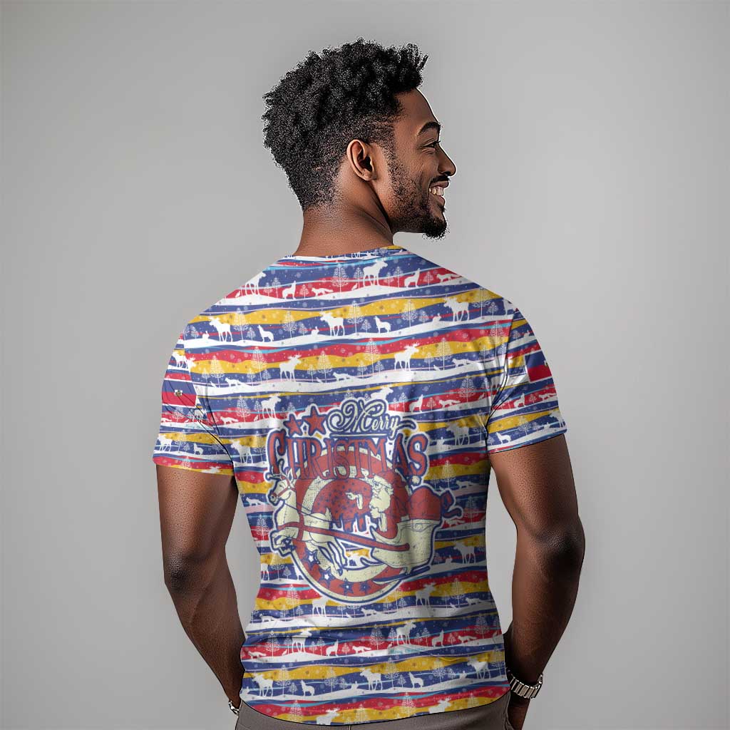 Haiti Christmas T shirt Blue Red Yellow Xmas Santa Sleigh and Coat of Arms - African Pride