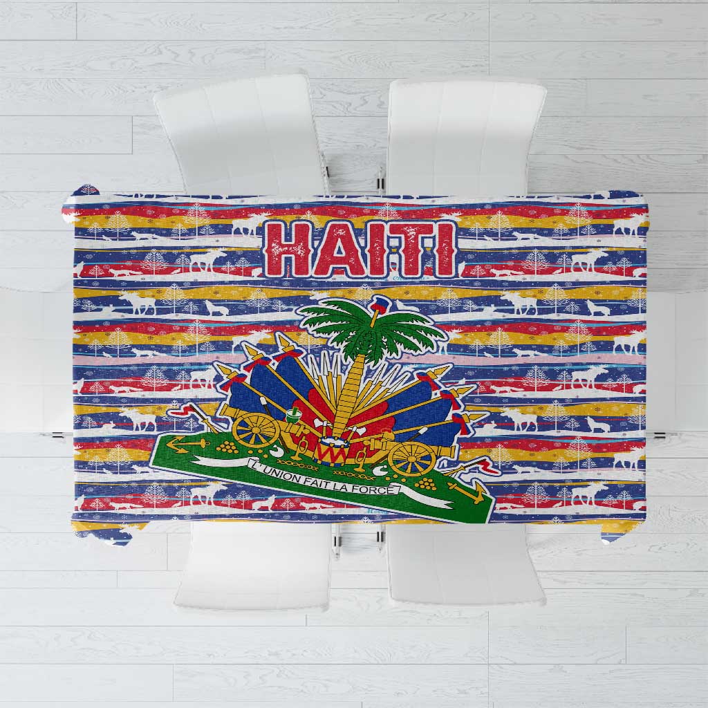 Haiti Christmas Tablecloth Blue Red Yellow Xmas Santa Sleigh and Coat of Arms - African Pride