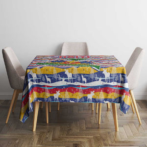 Haiti Christmas Tablecloth Blue Red Yellow Xmas Santa Sleigh and Coat of Arms - African Pride