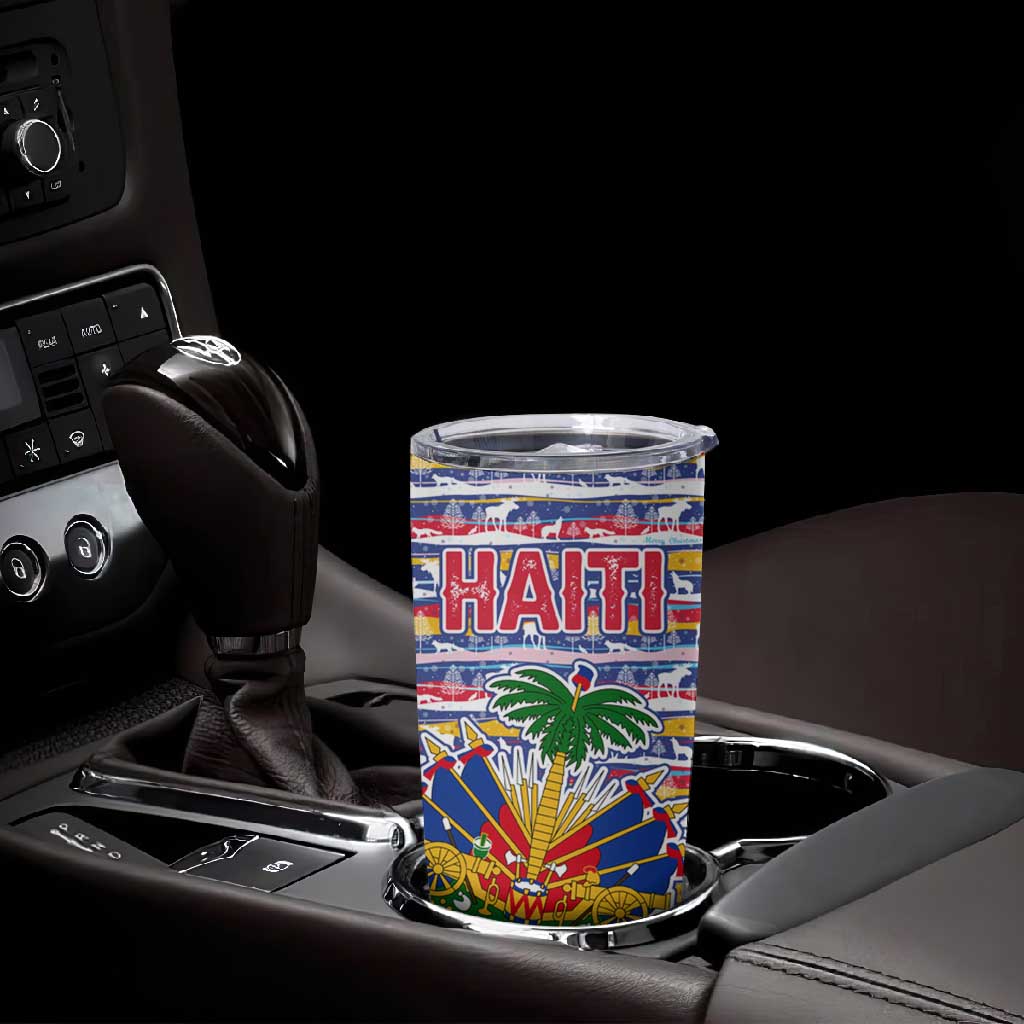 Haiti Christmas Tumbler Cup Blue Red Yellow Xmas Santa Sleigh and Coat of Arms - African Pride