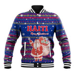 Haiti Christmas Baseball Jacket Blue Red Xmas Santa Snowflake and Map - African Pride