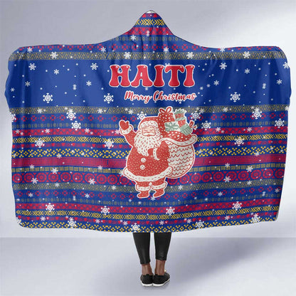 Haiti Christmas Hooded Blanket Blue Red Xmas Santa Snowflake and Map - African Pride