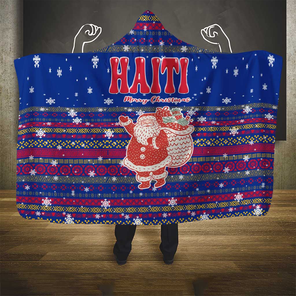 Haiti Christmas Hooded Blanket Blue Red Xmas Santa Snowflake and Map - African Pride