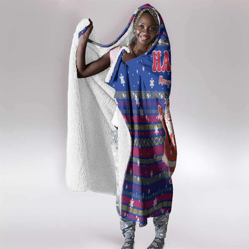 Haiti Christmas Hooded Blanket Blue Red Xmas Santa Snowflake and Map - African Pride