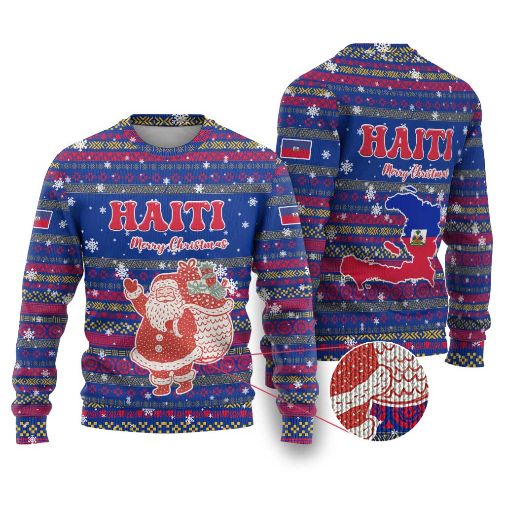 Haiti Christmas Ugly Christmas Sweater Blue Red Xmas Santa Snowflake and Map - African Pride