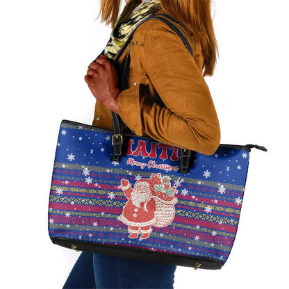 Haiti Christmas Leather Tote Bag Blue Red Xmas Santa Snowflake and Map - African Pride