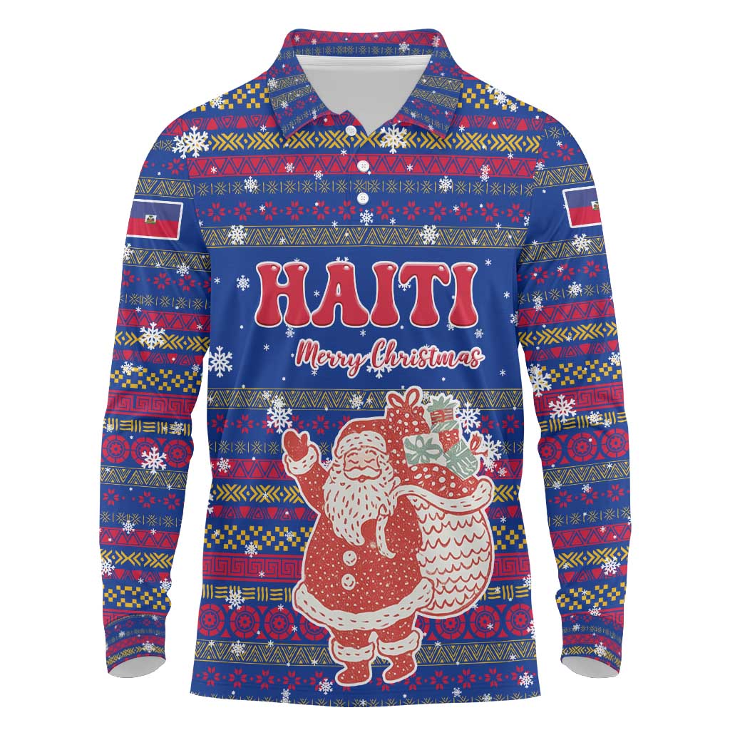 Haiti Christmas Long Sleeve Polo Shirt Blue Red Xmas Santa Snowflake and Map - African Pride
