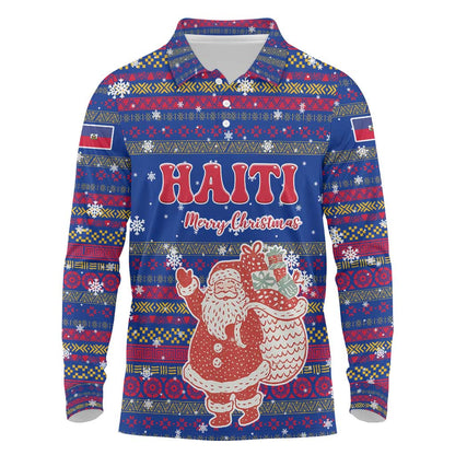 Haiti Christmas Long Sleeve Polo Shirt Blue Red Xmas Santa Snowflake and Map - African Pride
