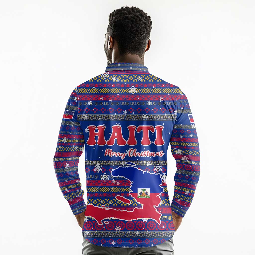 Haiti Christmas Long Sleeve Polo Shirt Blue Red Xmas Santa Snowflake and Map - African Pride