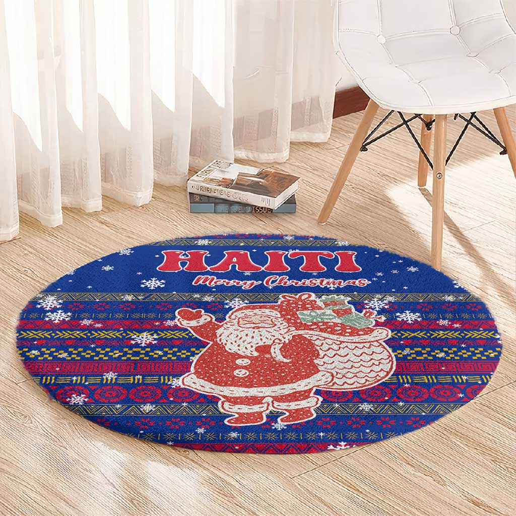 Haiti Christmas Round Carpet Blue Red Xmas Santa Snowflake and Map - African Pride