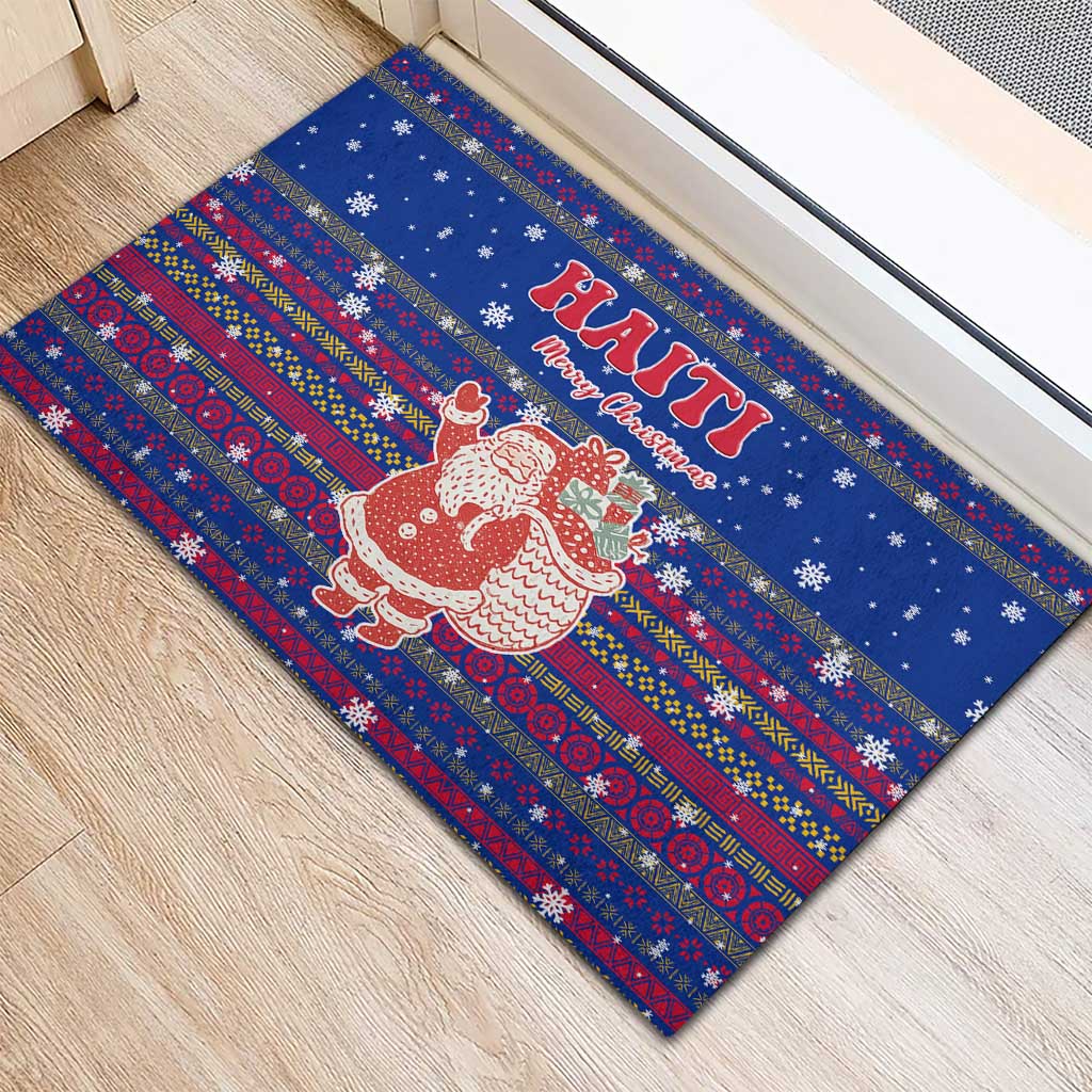 Haiti Christmas Rubber Doormat Blue Red Xmas Santa Snowflake and Map - African Pride