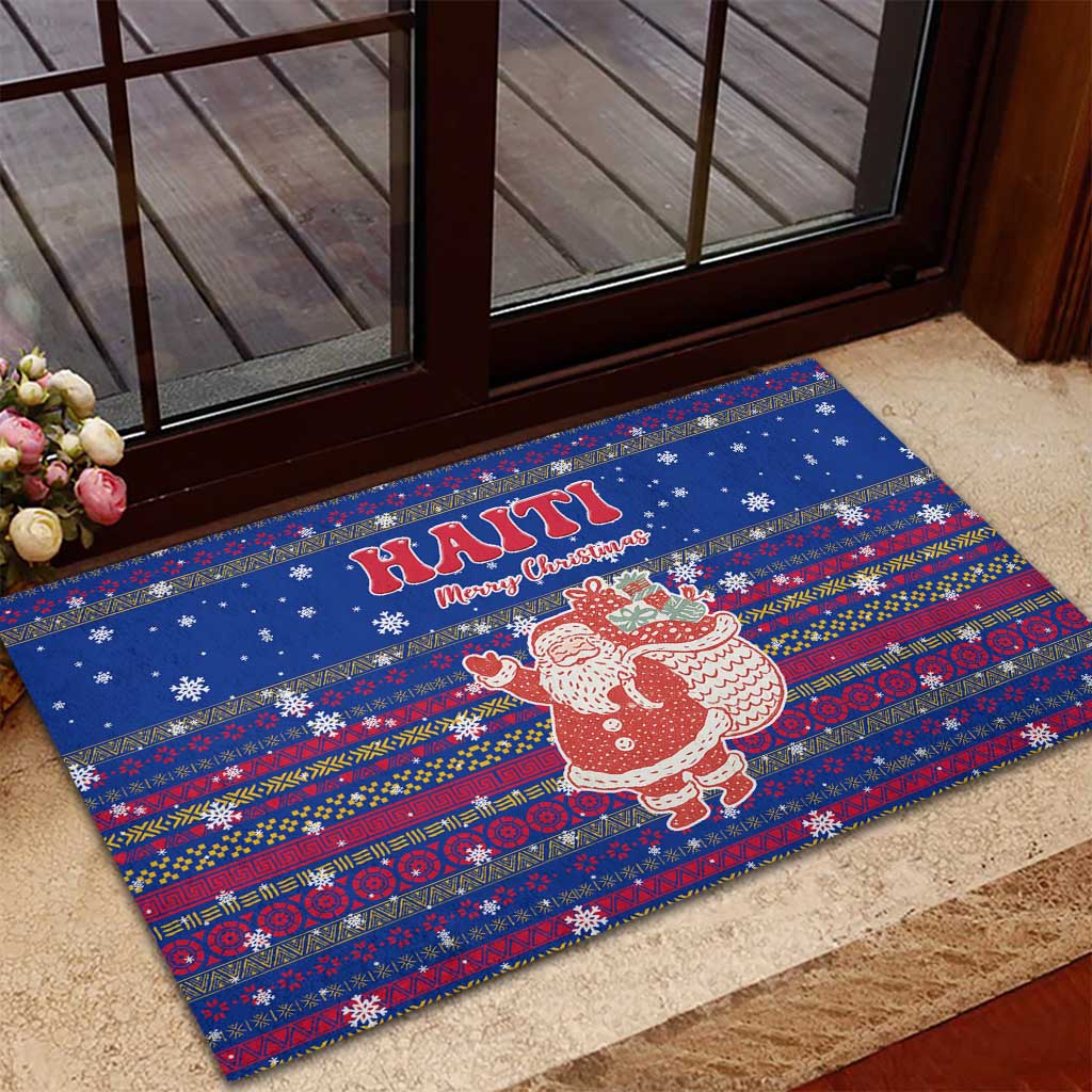 Haiti Christmas Rubber Doormat Blue Red Xmas Santa Snowflake and Map - African Pride