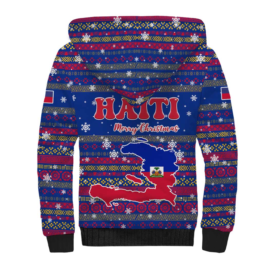 Haiti Christmas Sherpa Hoodie Blue Red Xmas Santa Snowflake and Map - African Pride