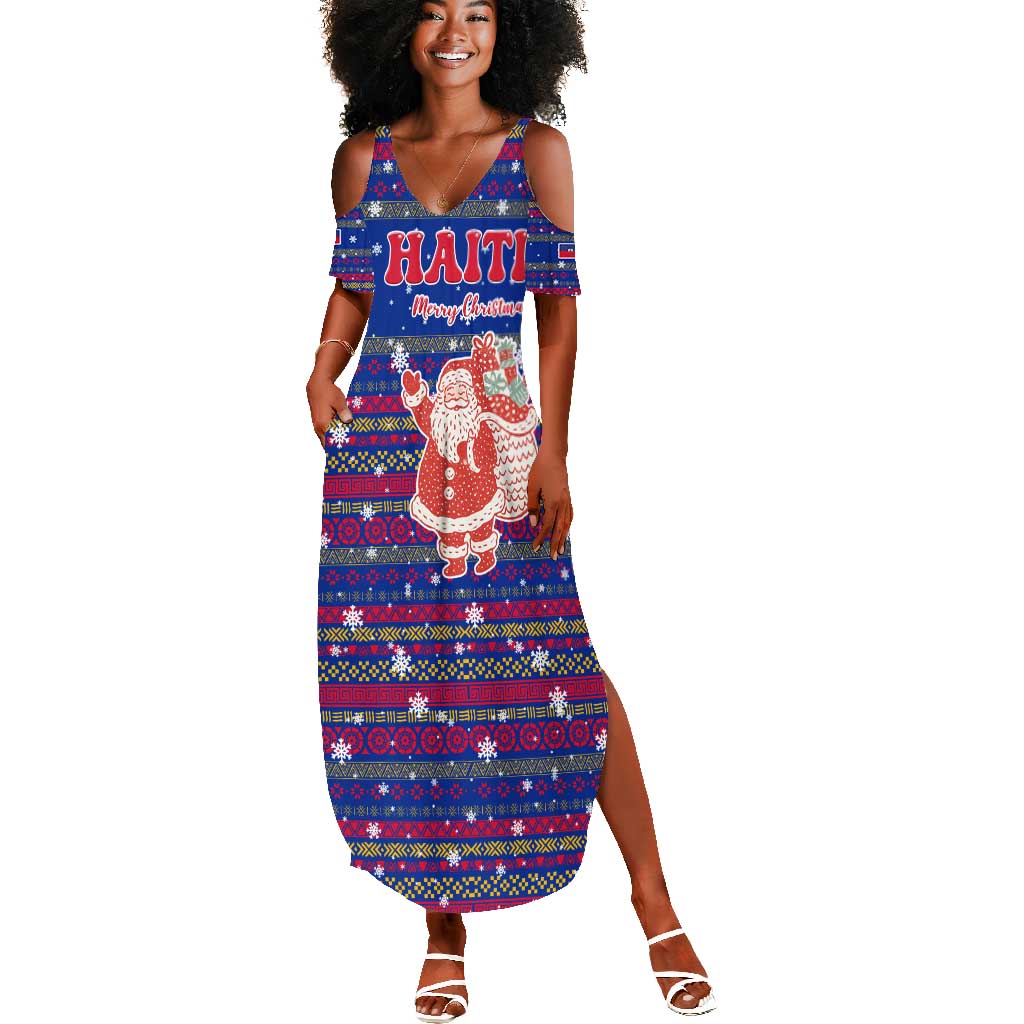 Haiti Christmas Summer Maxi Dress Blue Red Xmas Santa Snowflake and Map - African Pride