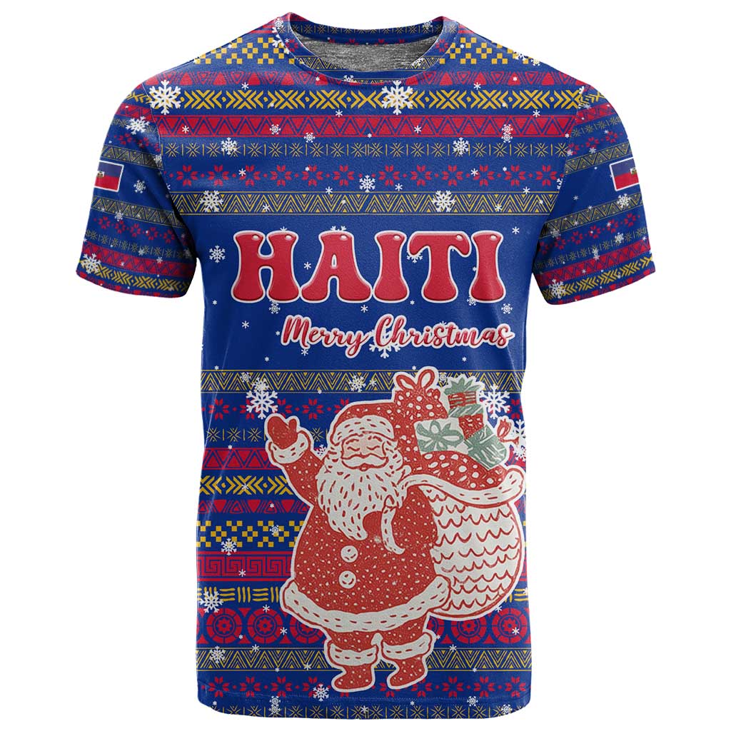 Haiti Christmas T shirt Blue Red Xmas Santa Snowflake and Map - African Pride