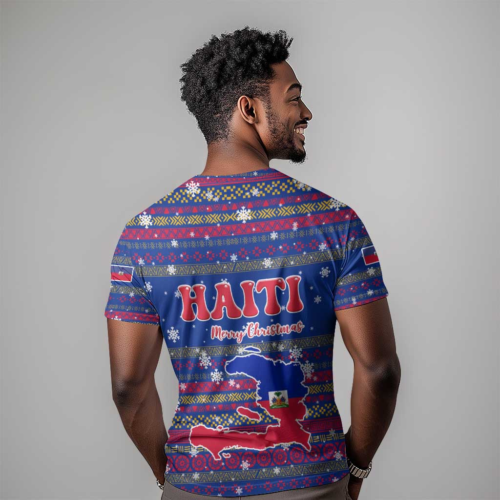Haiti Christmas T shirt Blue Red Xmas Santa Snowflake and Map - African Pride