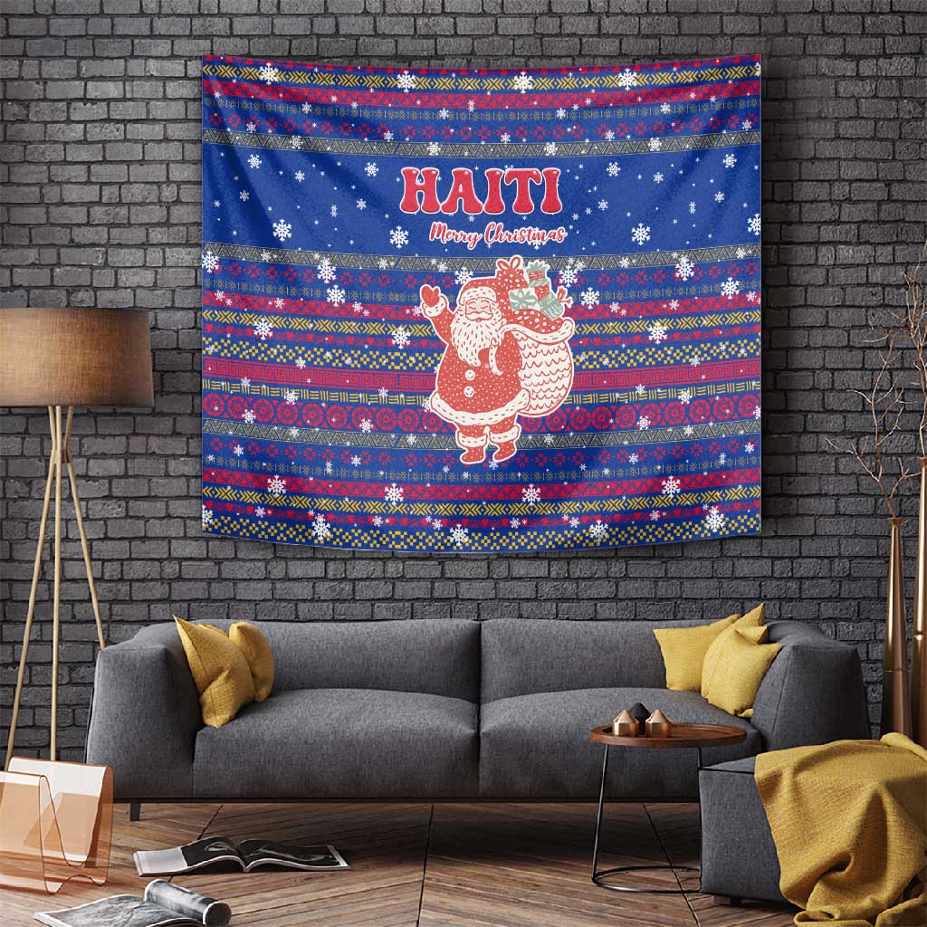 Haiti Christmas Tapestry Blue Red Xmas Santa Snowflake and Map - African Pride