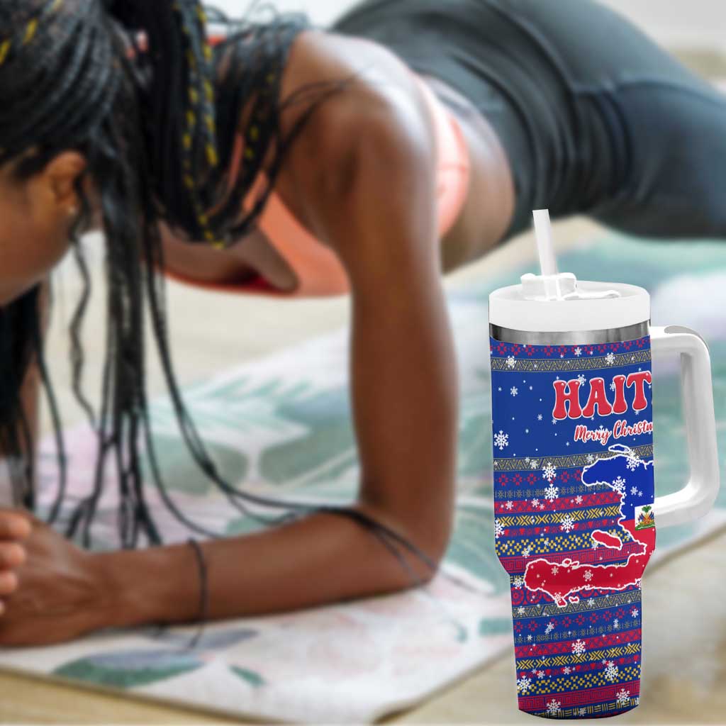 Haiti Christmas Tumbler With Handle Blue Red Xmas Santa Snowflake and Map - African Pride