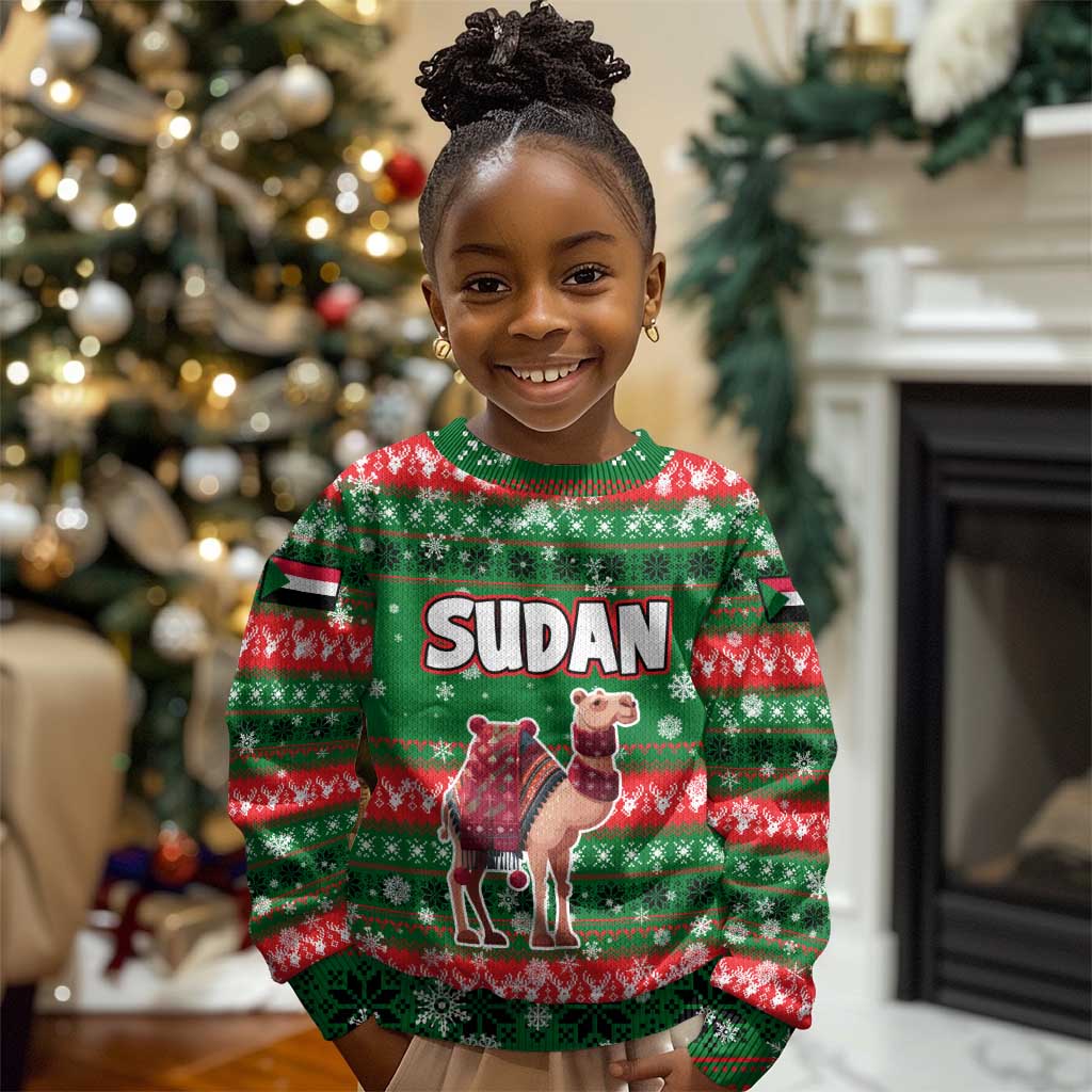 Sudan Christmas Kid Ugly Christmas Sweater Green Red Xmas Camel Snowflake and Coat of Arms - African Pride