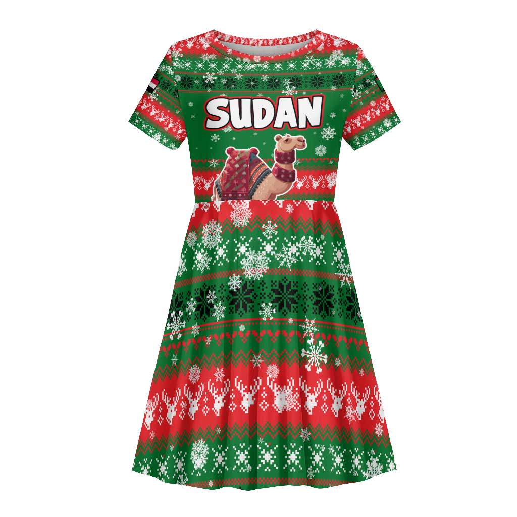 Sudan Christmas Kid Short Sleeve Dress Green Red Xmas Camel Snowflake and Coat of Arms - African Pride