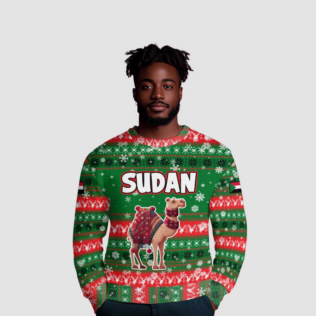 Sudan Christmas Ugly Christmas Sweater Green Red Xmas Camel Snowflake and Coat of Arms - African Pride