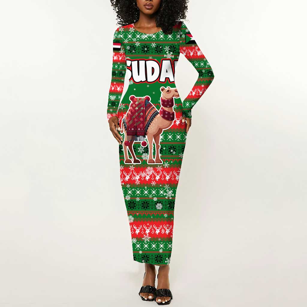 Sudan Christmas Long Sleeve Bodycon Dress Green Red Xmas Camel Snowflake and Coat of Arms - African Pride