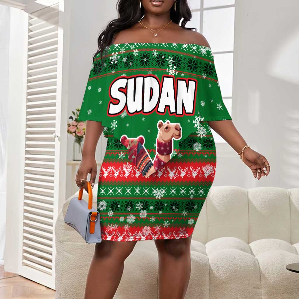 Sudan Christmas Off Shoulder Short Dress Green Red Xmas Camel Snowflake and Coat of Arms - African Pride