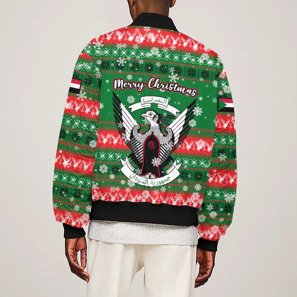 Sudan Christmas Sleeve Zip Bomber Jacket Green Red Xmas Camel Snowflake and Coat of Arms - African Pride