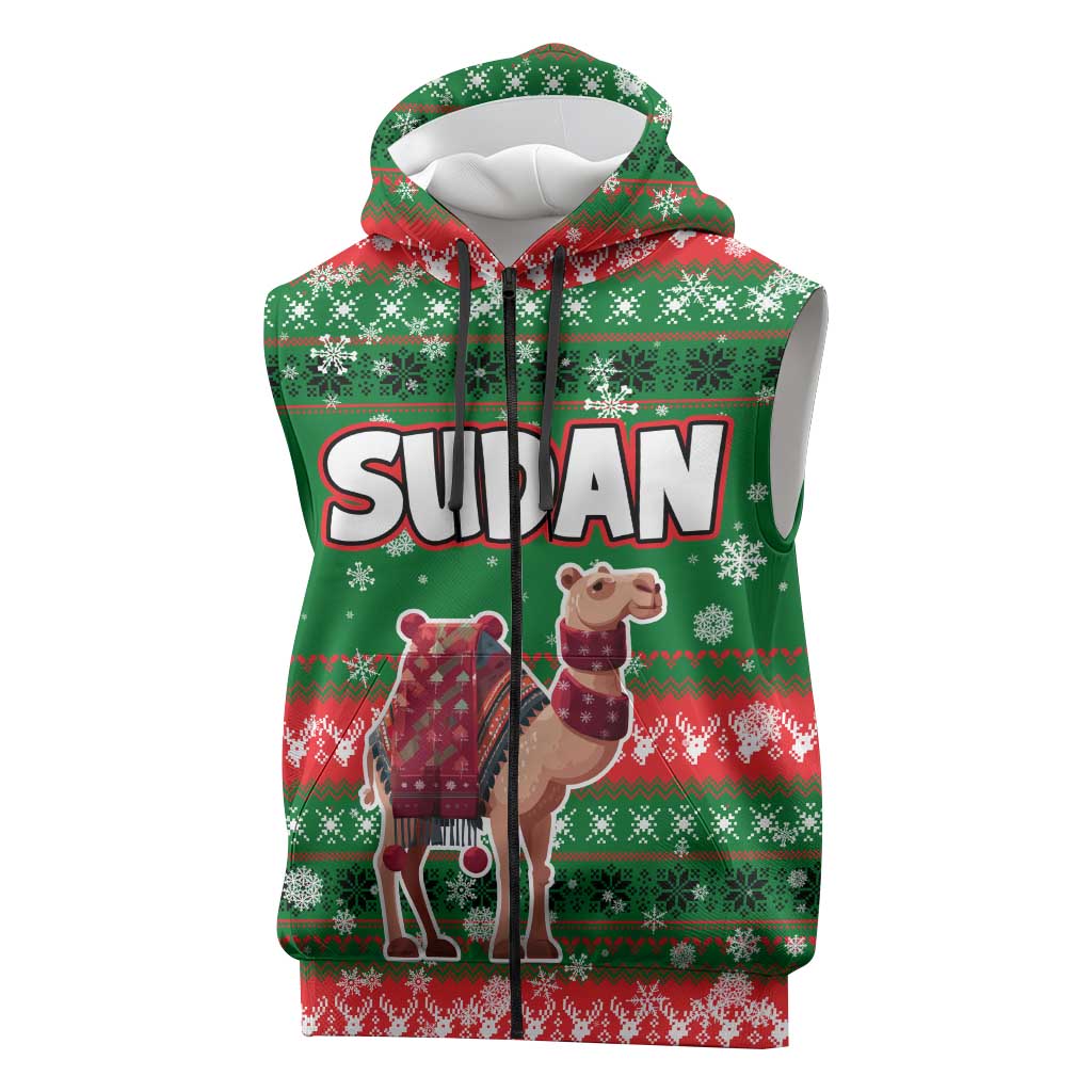 Sudan Christmas Sleeveless Zip Hoodie Green Red Xmas Camel Snowflake and Coat of Arms - African Pride