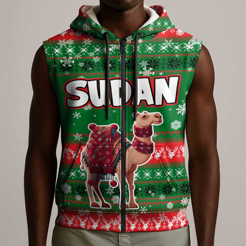 Sudan Christmas Sleeveless Zip Hoodie Green Red Xmas Camel Snowflake and Coat of Arms - African Pride