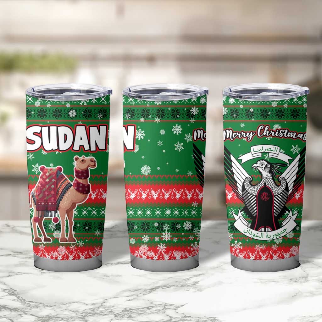 Sudan Christmas Tumbler Cup Green Red Xmas Camel Snowflake and Coat of Arms - African Pride