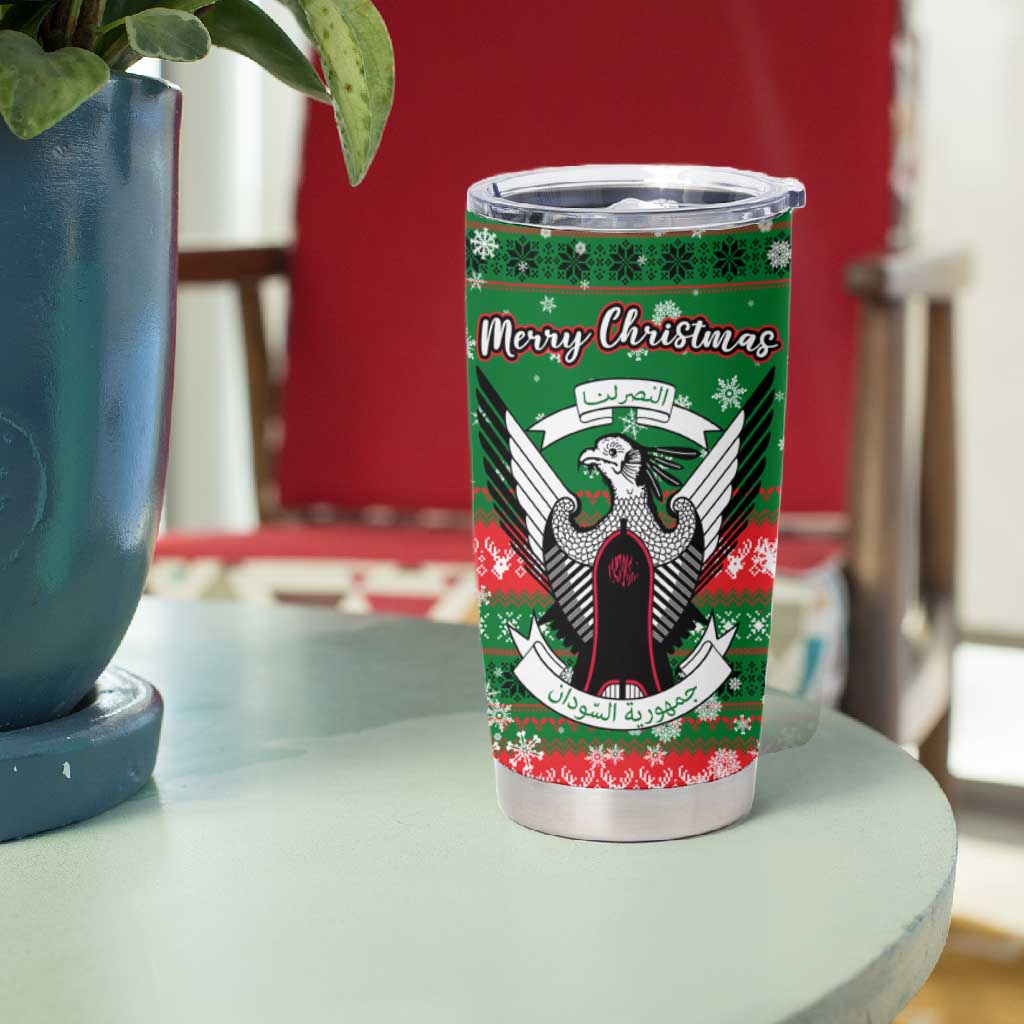 Sudan Christmas Tumbler Cup Green Red Xmas Camel Snowflake and Coat of Arms - African Pride