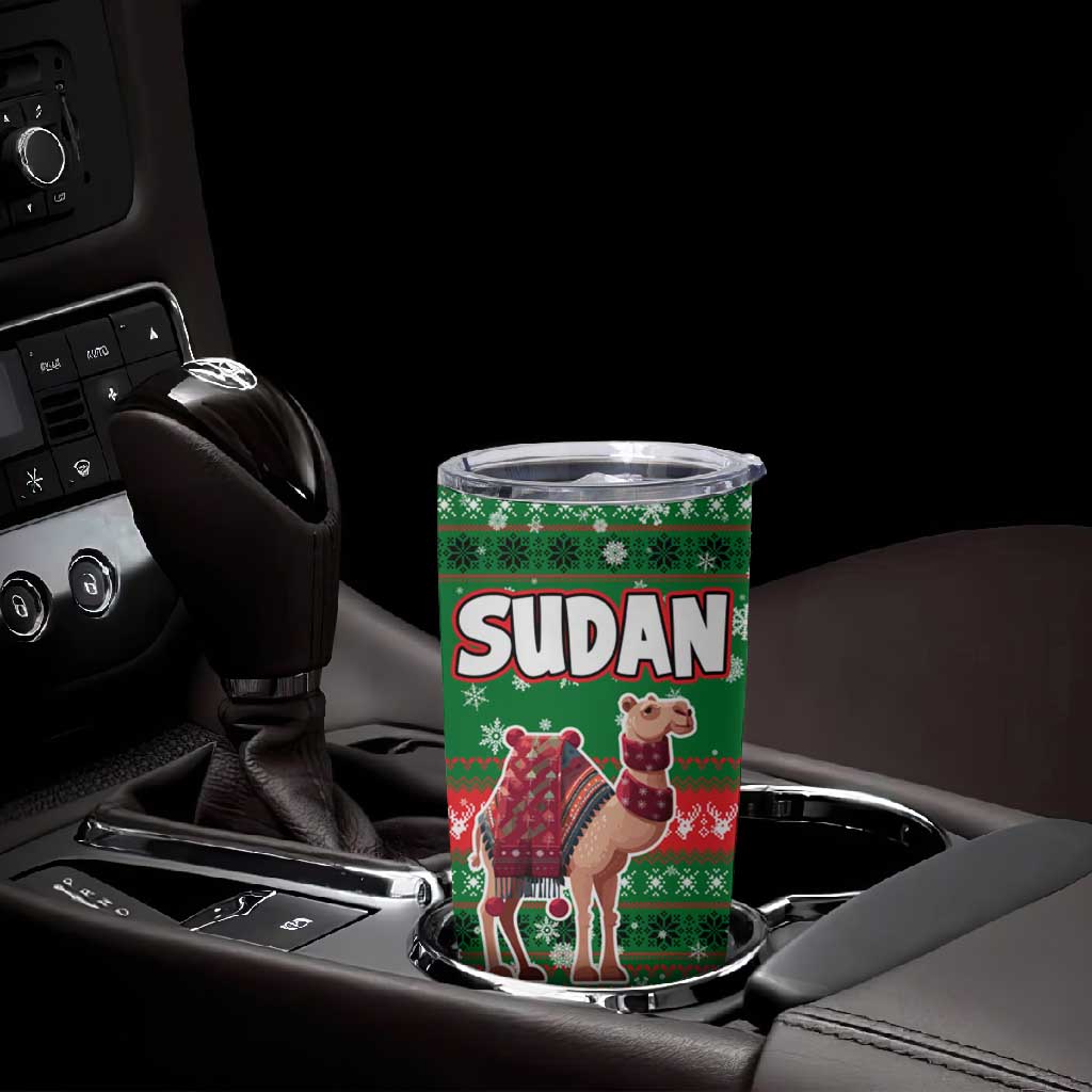 Sudan Christmas Tumbler Cup Green Red Xmas Camel Snowflake and Coat of Arms - African Pride