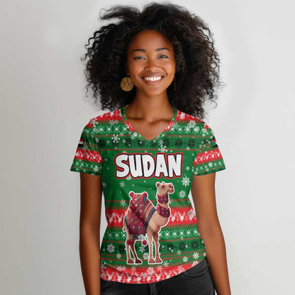 Sudan Christmas Women V-Neck T-Shirt Green Red Xmas Camel Snowflake and Coat of Arms - African Pride