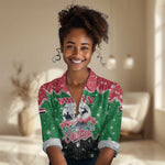 Sudan Christmas Women Casual Shirt Red Green Black Xmas Santa Sleigh and Map - African Pride