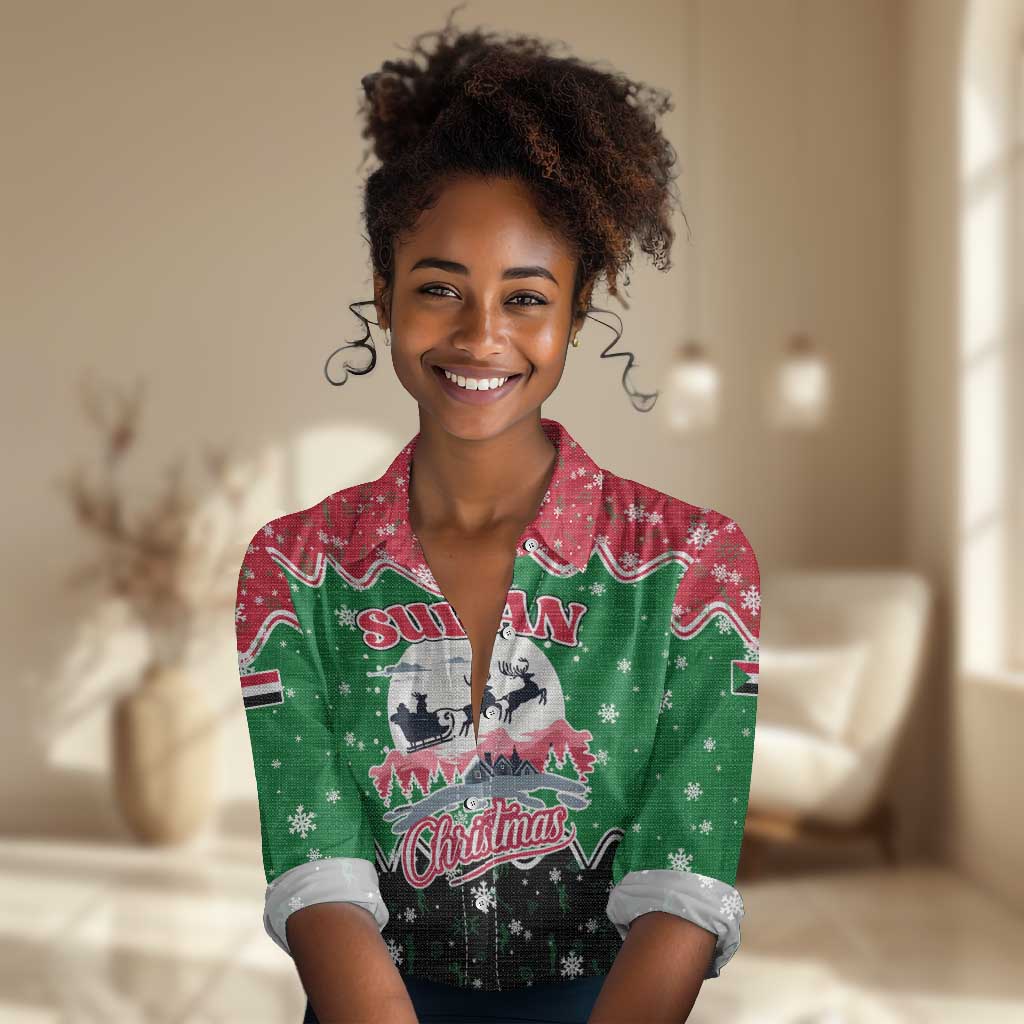 Sudan Christmas Women Casual Shirt Red Green Black Xmas Santa Sleigh and Map - African Pride