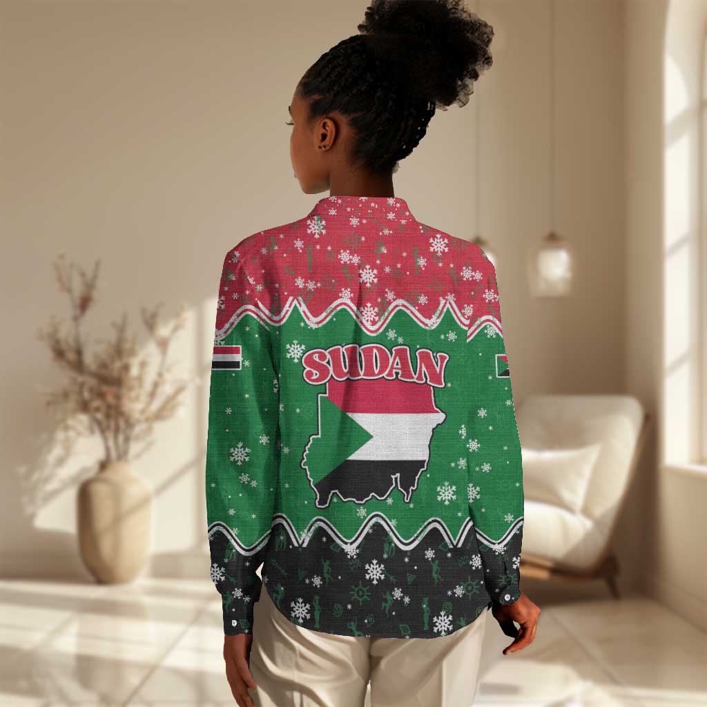 Sudan Christmas Women Casual Shirt Red Green Black Xmas Santa Sleigh and Map - African Pride