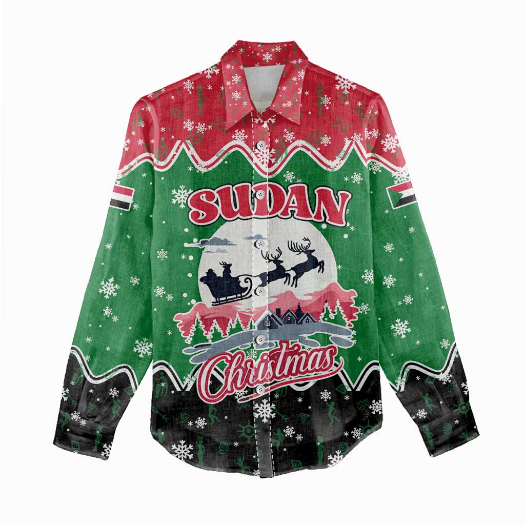 Sudan Christmas Women Casual Shirt Red Green Black Xmas Santa Sleigh and Map - African Pride