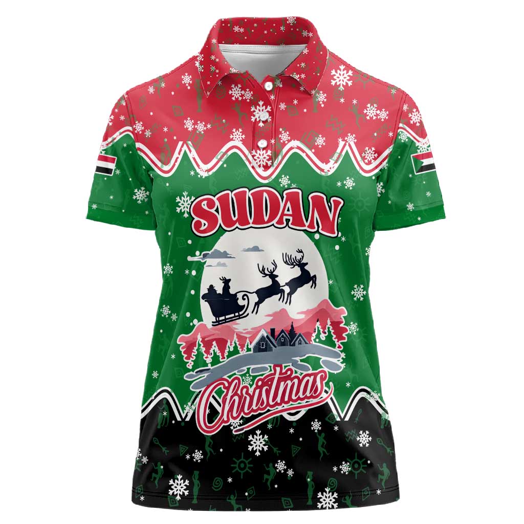 Sudan Christmas Women Polo Shirt Red Green Black Xmas Santa Sleigh and Map - African Pride