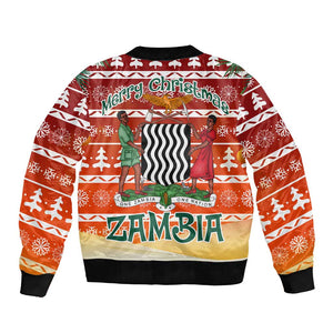 Zambia Christmas Bomber Jacket African Animals Tree Snowflakes and National Emblem - African Pride